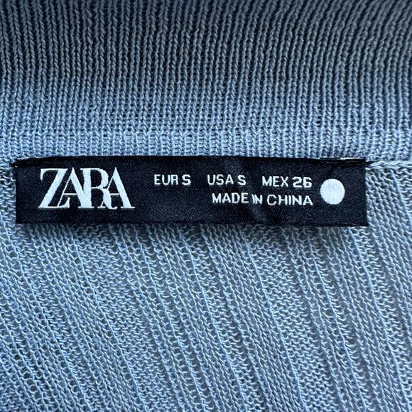 Zara Dusty Blue Ribbed V-Neck Polo Shirt Fitted Long Sleeve Top Size S - Picture 4 of 7